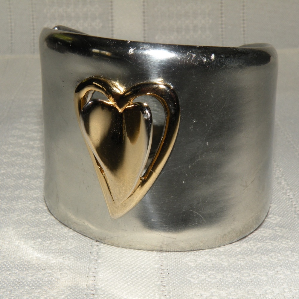 Diane von Furstenberg Silver & Gold Tone Heart 2" Wide Hinge Cuff Bracelet - Picture 3 of 12